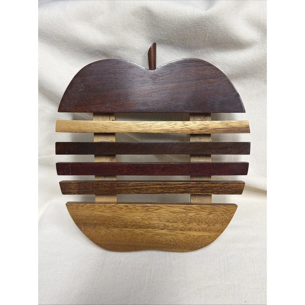 Apple Shaped Wooden Trivet With Multiple Brown Tone Wood Slats